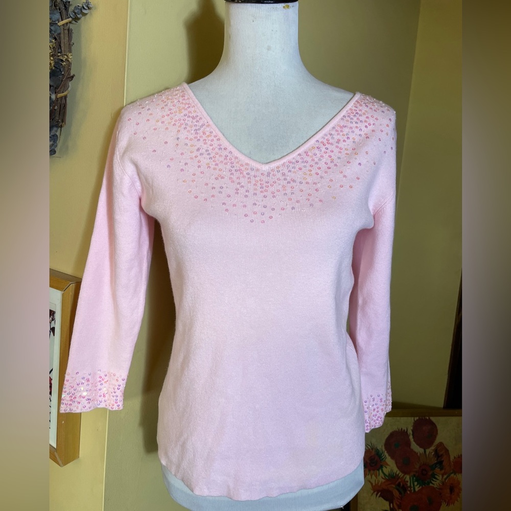 JASON MAXWELL size Small Pink  Sweater VNeck Sequins Barbie Stretch Cozy $59 NWT